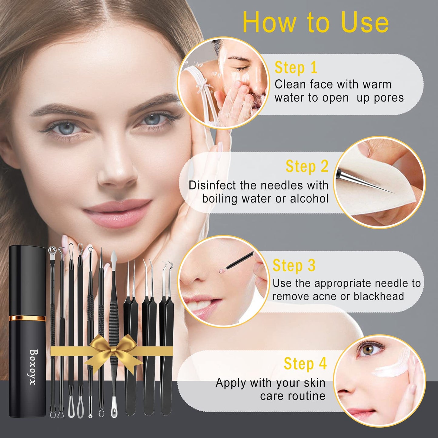 Boxoyx Pimple Popper Tool Kit - 10Pcs Blackhead Remover Comedone Extractor Tool Kit with Metal Case for Quick and Easy Removal of Pimples, Blackheads, Zit Removing, Forehead, Facial and Nose(Black)