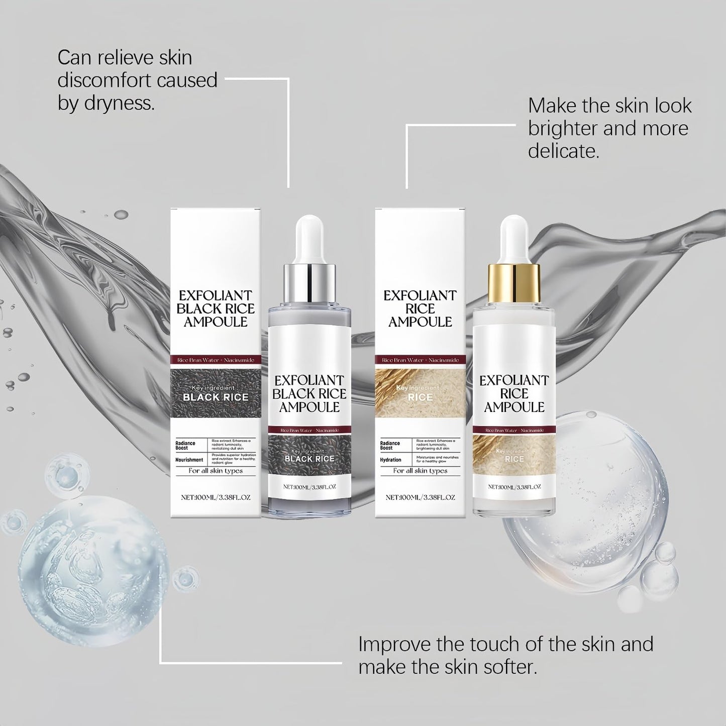 AINxtolm 2pcs Peel Shot Glow Rice Ampoule,Rice Ampoule Duo,Black R-ice Peeling A-mpoule,R-ice Exfoliant,Black and White Ri-ce Face Exfoliantor,Peel Shot Glow White Ri-ce A-mpoule,Face Scrub,Toner for F-ace