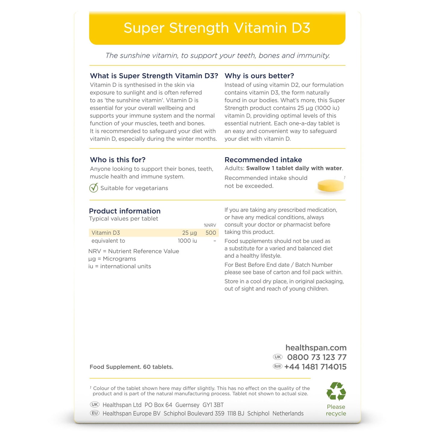 Healthspan Super Strength Vitamin D3 | Immune Health | Bone, Teeth & Muscle Health | Contains 1,000iu of Natural Source Vitamin D3 in Each Tablet | Vegetarian (60 Tablets)