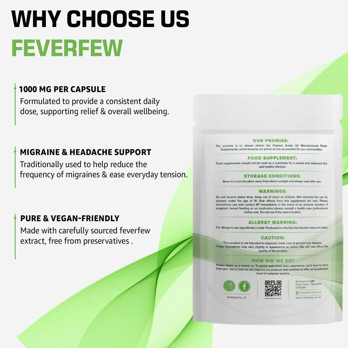 Bodygenix Feverfew 1000mg Capsules - Headaches Relief Joints Health Anti Inflammatory Natural Supplement - 120 Capsules 4 Month Supply