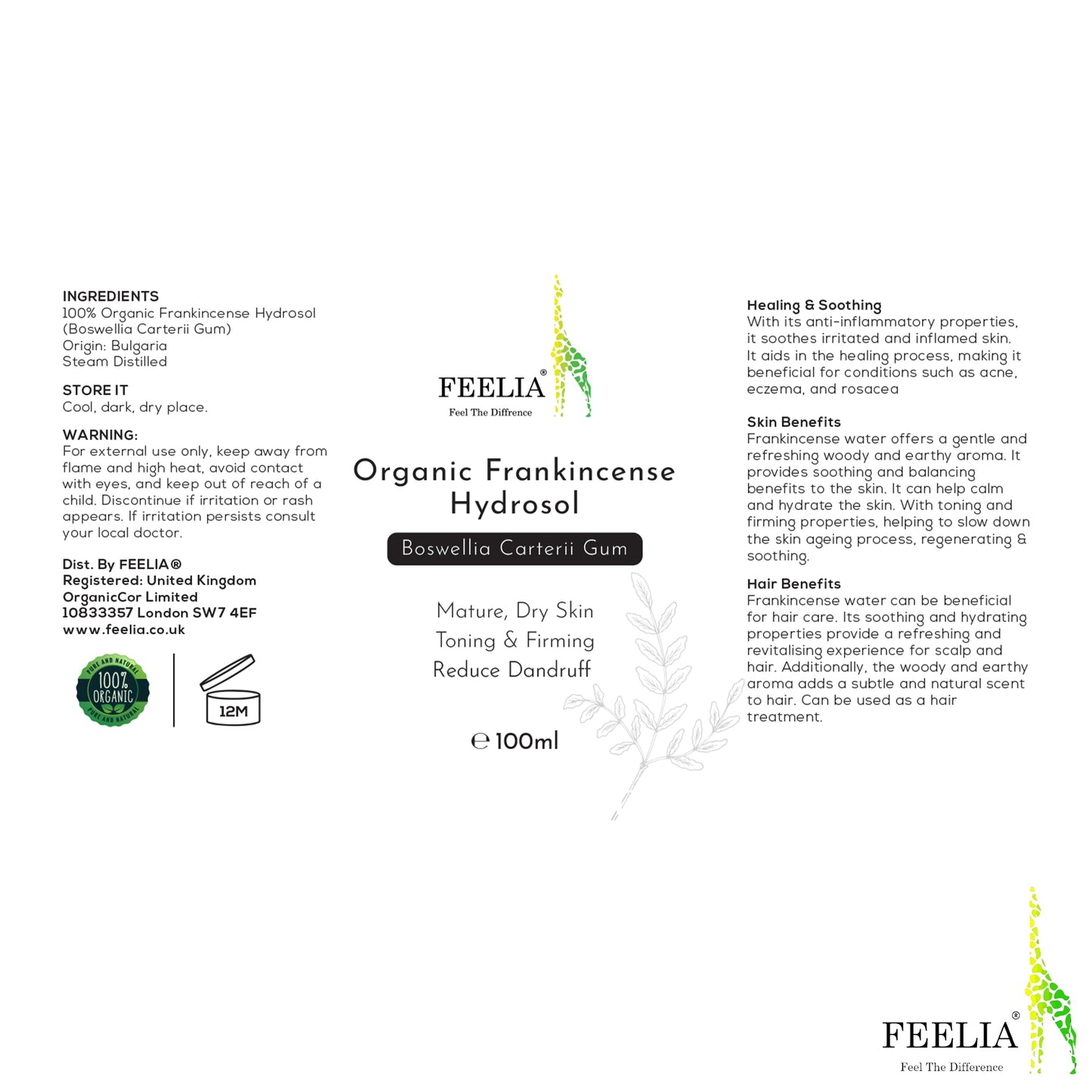 Feelia - Organic Frankincense Hydrosol Water, Steam Distilled, Pure & Natural Toner, Mature, Dry Skin, Toning & Firming, Reduce Dandruff in The Hair (Frankincense)