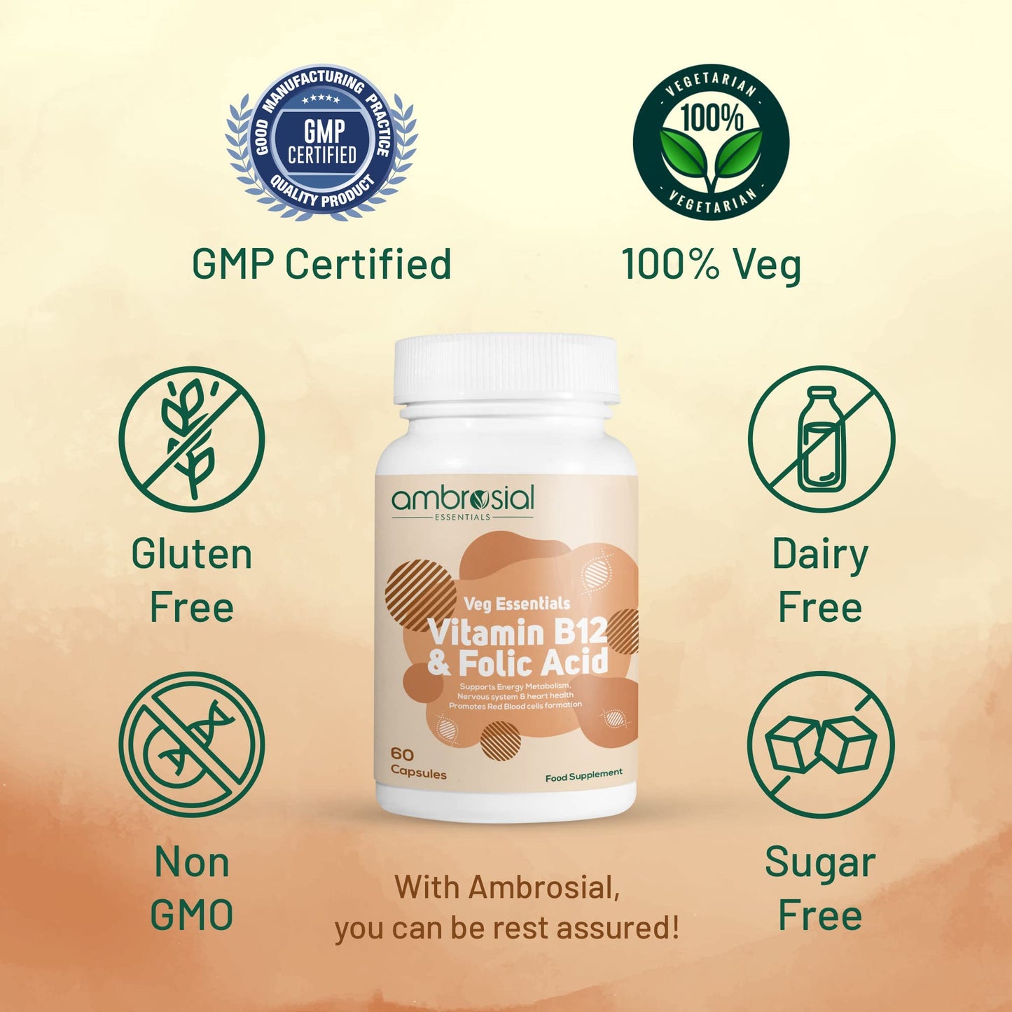 AMBROSIAL Ambrosial Vitamin B12 1000 mcg + 500 mcg Folic Acid | 1500 mcg | Folic Acid | Reduction of Tiredness & Fatigue | B12 Supplement | Immune System, Energy & Brain Support (Pack of 1-60 Capsules)