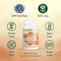 AMBROSIAL Ambrosial Vitamin B12 1000 mcg + 500 mcg Folic Acid | 1500 mcg | Folic Acid | Reduction of Tiredness & Fatigue | B12 Supplement | Immune System, Energy & Brain Support (Pack of 1-60 Capsules)