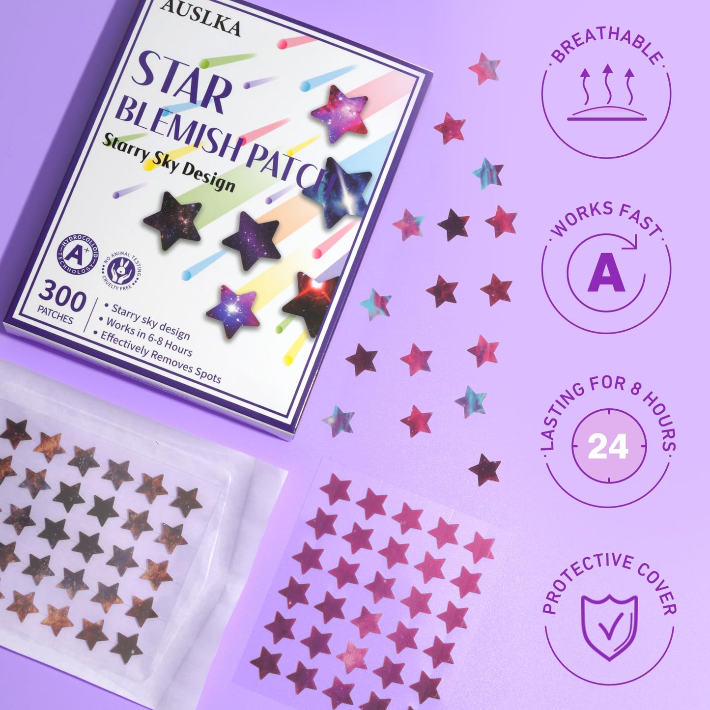 AUSLKA Pimple Patches (300 Patches),Hydrocolloid Patches,Spot Stickers with Star Shaped,Facial Stickers,Pimples, Blemishes, Zits for Face