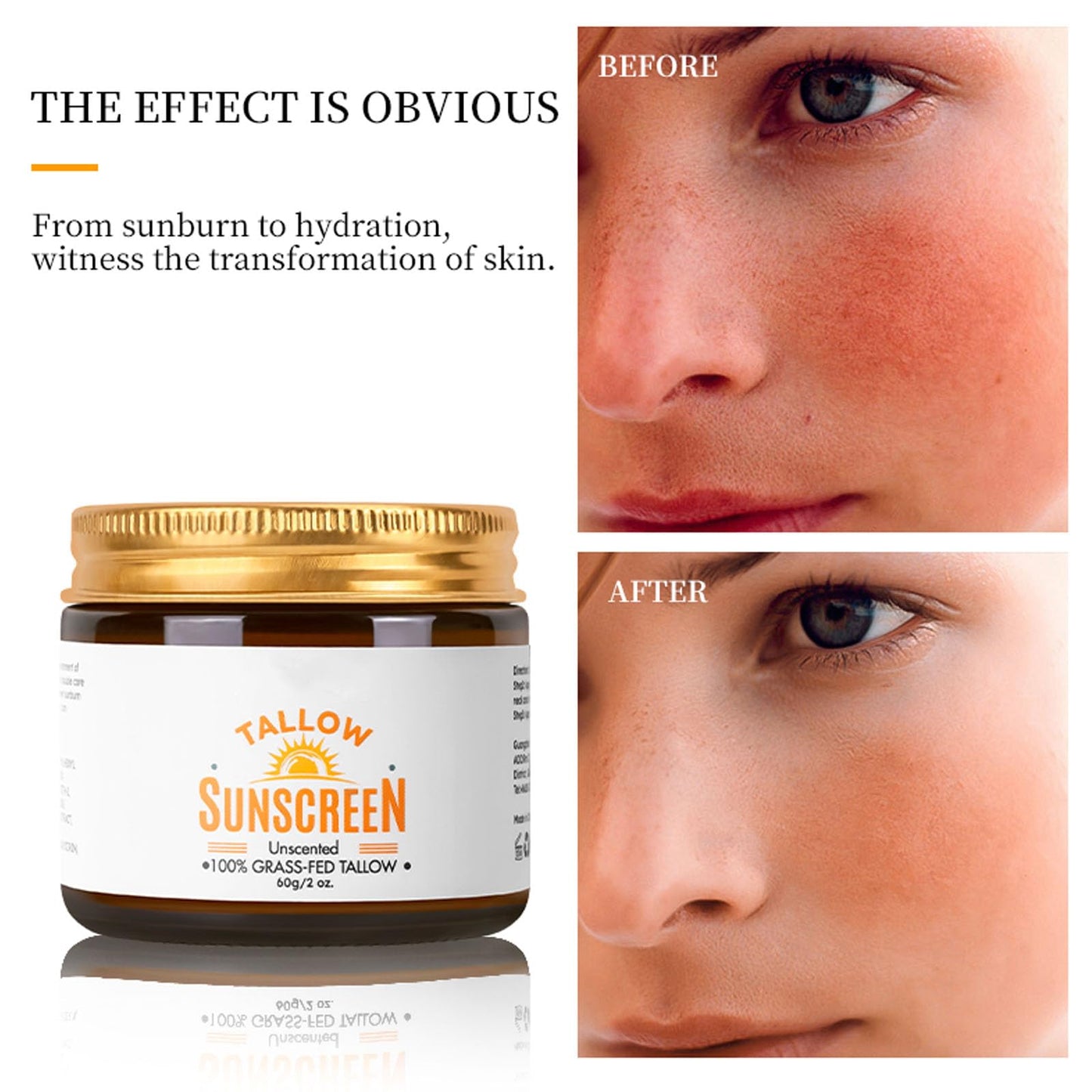 Tongyend Beef Tallow Sunscreen SPF 50+, Face Sun Cream 100% Grass Fed Tallow, Beef Tallow Natural Sunscreen for Face & Body, Beef Tallow for Skin - Sweat & Water Resistant, for Dry Sensitive Skin