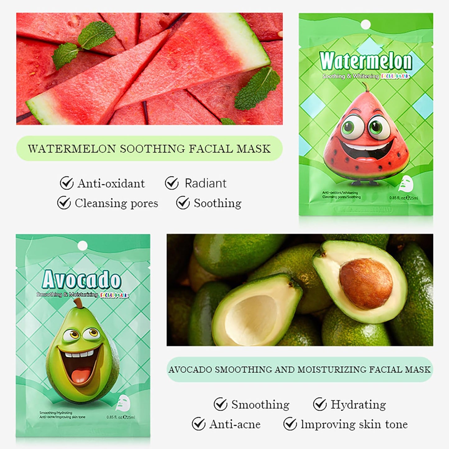 AuraAnge 7 PCS Face Mask Set - Moisturizing & Smoothing Fruit Face Masks - Improve Dullness & Luminous Skin - All Skin Types