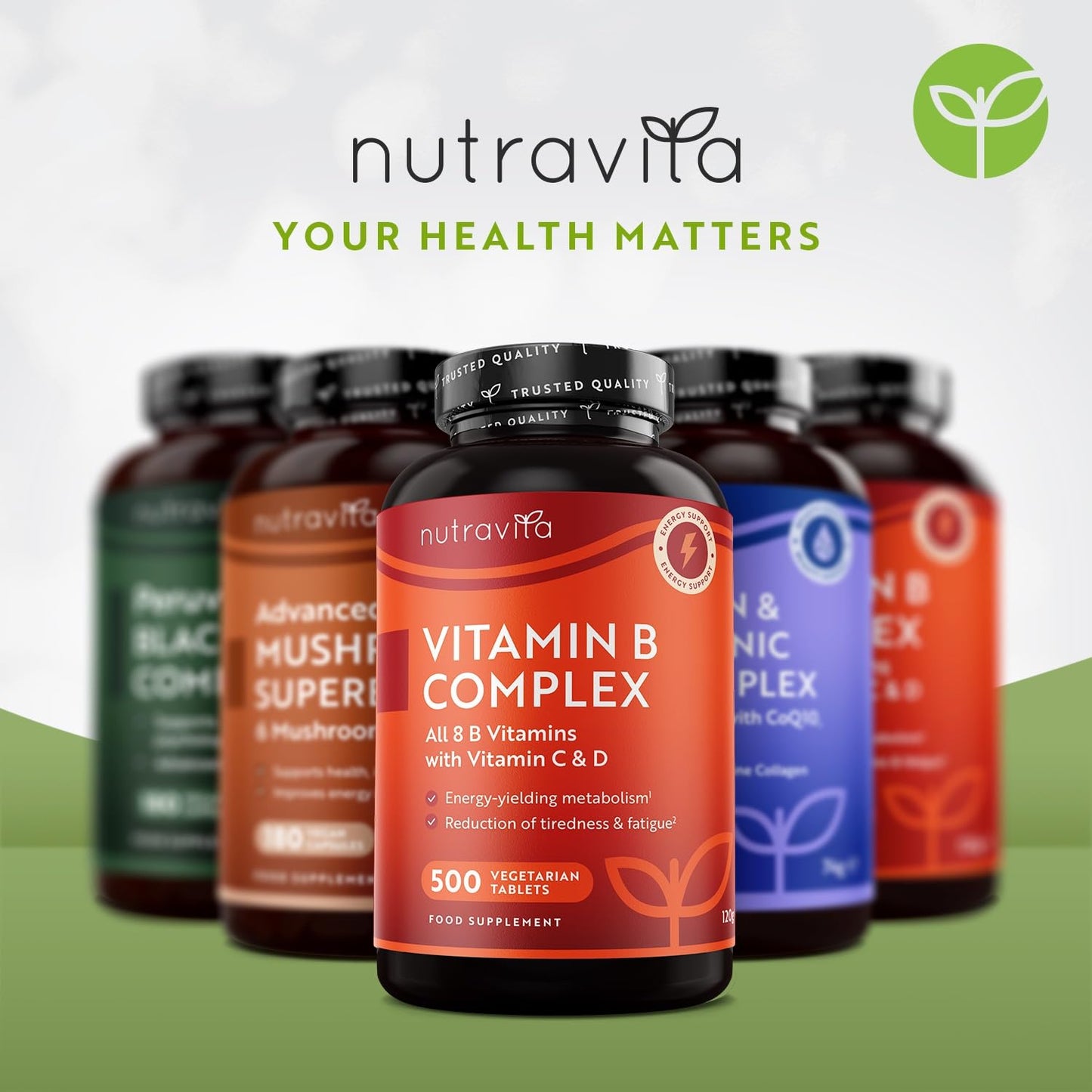 Vitamin B Complex High Strength with Vitamin D + Vitamin C 500 Tablets for +1 Year of Supply, Energy-Yielding Metabolism - Reduction of Tiredness & Fatigue (EFSA) Made in The UK by Nutravita