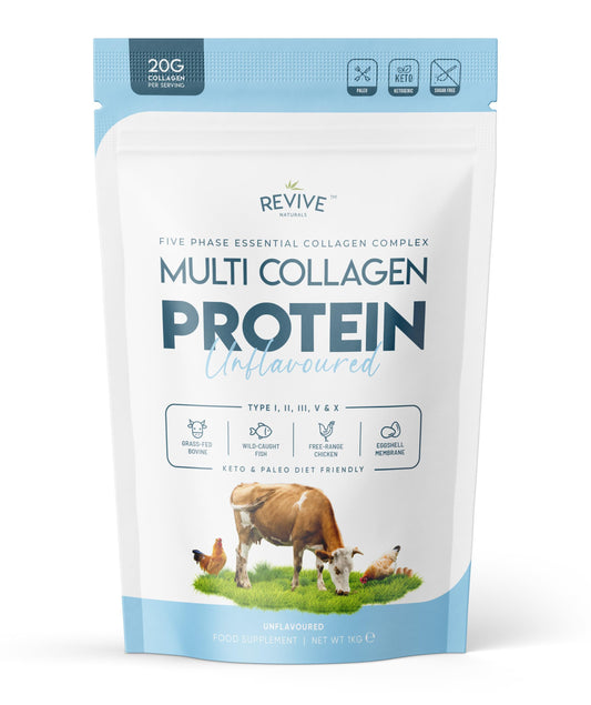 Revive Naturals Multi Collagen Protein Powder (1kg) - Types I, II, III, V & X - Hydrolyzed Grass Fed Bovine, Wild Caught Fish, & Free-Range Chicken & Eggshell Collagen. Non-GMO, Halal.