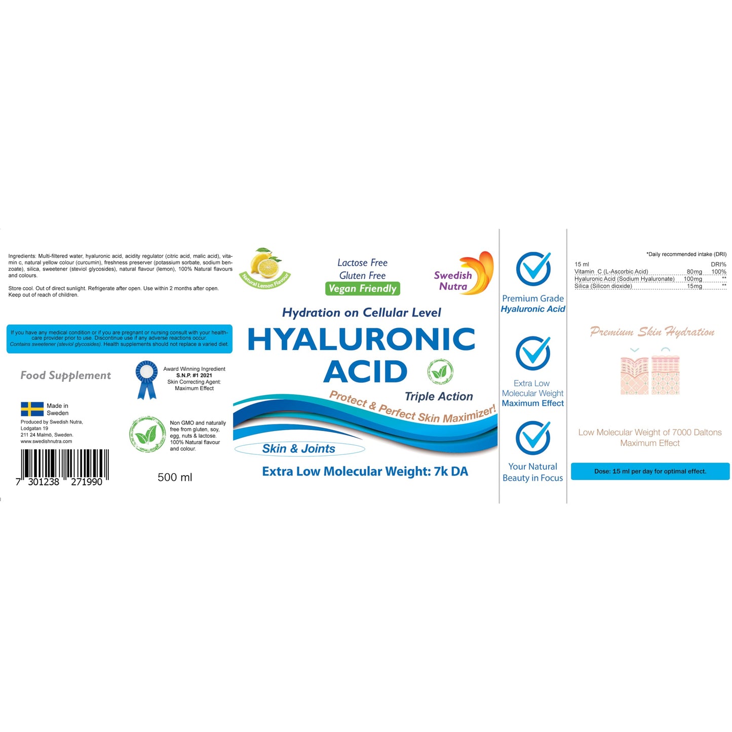 Swedish Nutra - Hyaluronic Acid Liquid Supplement - Pack of 500 ml, 33 Day Supply | Plus Vitamin C & Silica for Skin & Joint Hydration | Vegan & Free from Sugar & Gluten | 100% Natural Lemon Flavour