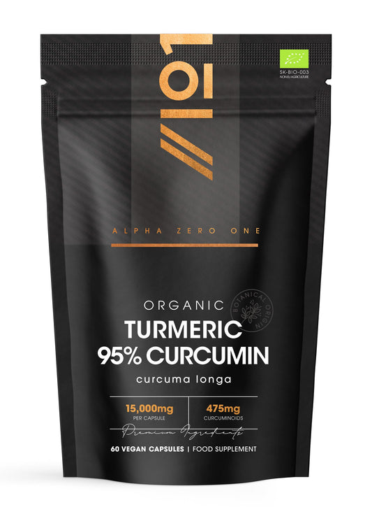 Organic 95% Curcumin Turmeric 15,000mg with Black Pepper – 475mg Curcuminoids – 90 Vegan Capsules – High Strength 95% Curcuminoids Supplement by Alpha01