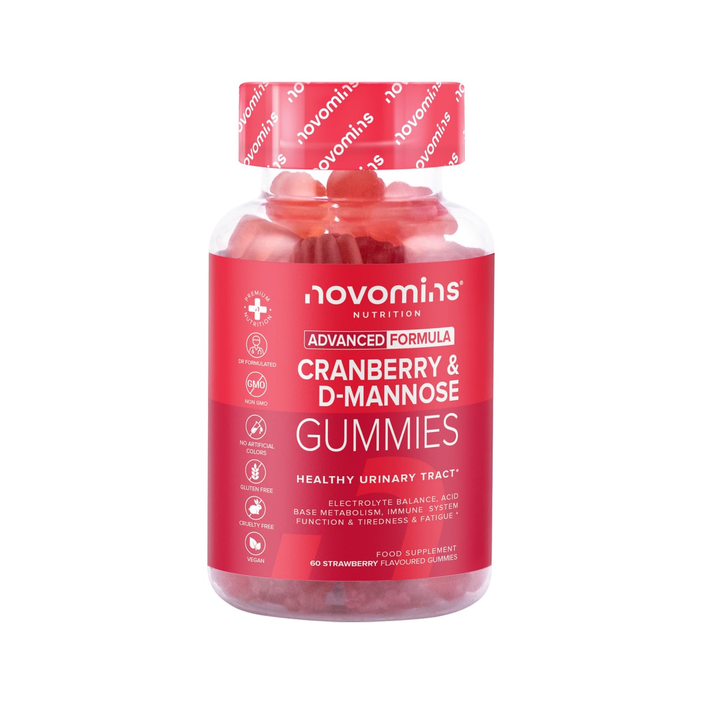 Novomins Cranberry & D Mannose Gummies - Cranberry Supplement for Urinary Tract Health and Better Bladder Control - With Zinc, Magnesium, and D-Mannose Powder - Vegan & Gluten-Free - 60 Inulin Gummies