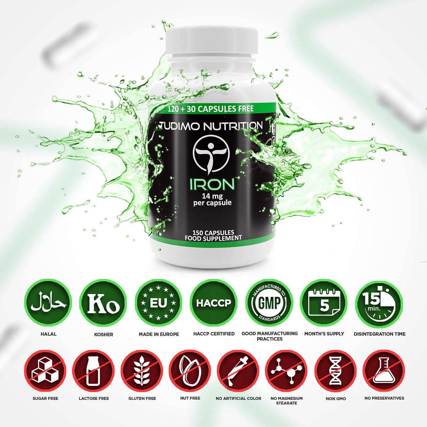 TUDIMO Iron 14 mg Ferrous Fumarate Capsules | 150 pcs (5 Month Supply) of Rapidly Disintegrating Capsules, Each with 14mg of Premium Quality Extra Strength Powder
