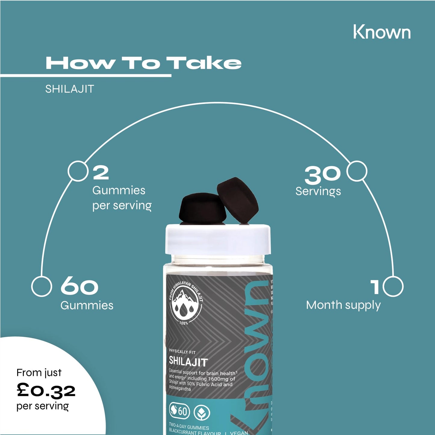 Known - 1600 mg Himalayan Shilajit Gummies with Ashwagandha - 60 x Two-A-Day Blackcurrant Flavour - 50% Fulvic Acid - Energy, Stress Relief & Immune Support - Adaptogenic - Vegan/Halal