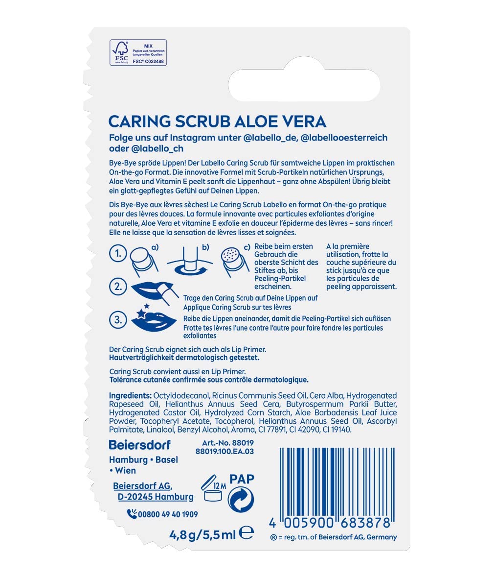 Labello Lip Scrub Aloe Vera (5.5 ml), Innovative Lip Balm with Scrub Particles of Natural Origin, Gentle Lip Scrub with Vitamin E