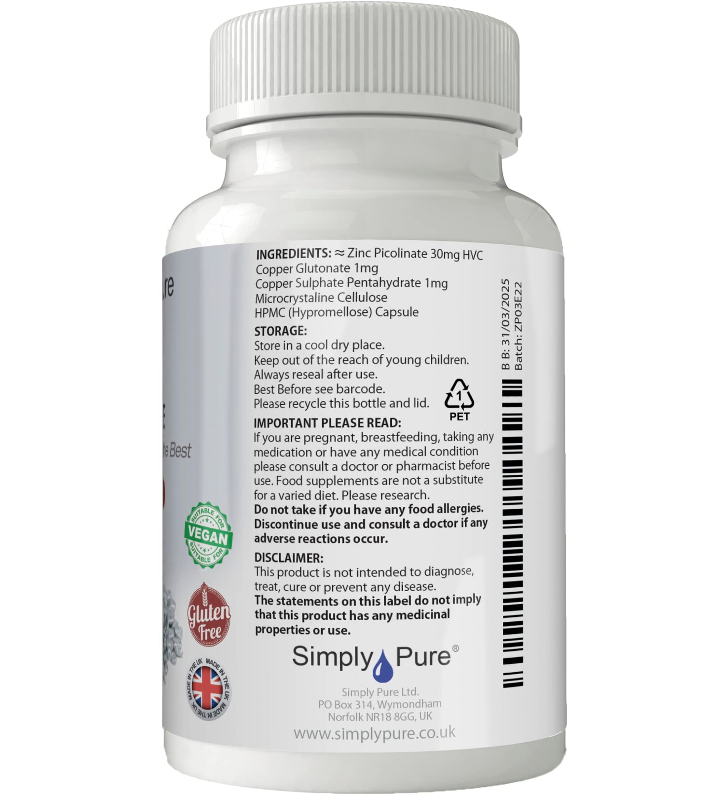 Simply Pure Zinc Picolinate Capsules 30mg x 90, with Added Copper, Gluten Free, GM Free, Vegan