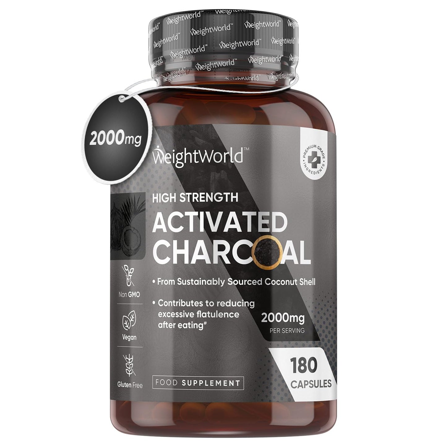 Activated Charcoal Capsules 2000mg - 180 Vegan Capsules (Not Activated Charcoal Tablets) - Coconut Charcoal Digestion Supplement from Sustainably Sourced Coconut Shell – Reduce Excessive Flatulence.
