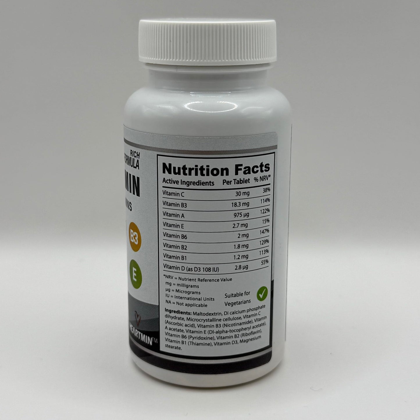 Heartmin Ultra-Potency Multivitamin for Men & Women - 30 Vegetarian Tablets with Essential Vitamins A, B1, B2, B3, B6, D3, C, E - Daily Immune, Energy & Bone Support - Ages 12+ (1-Month Supply)