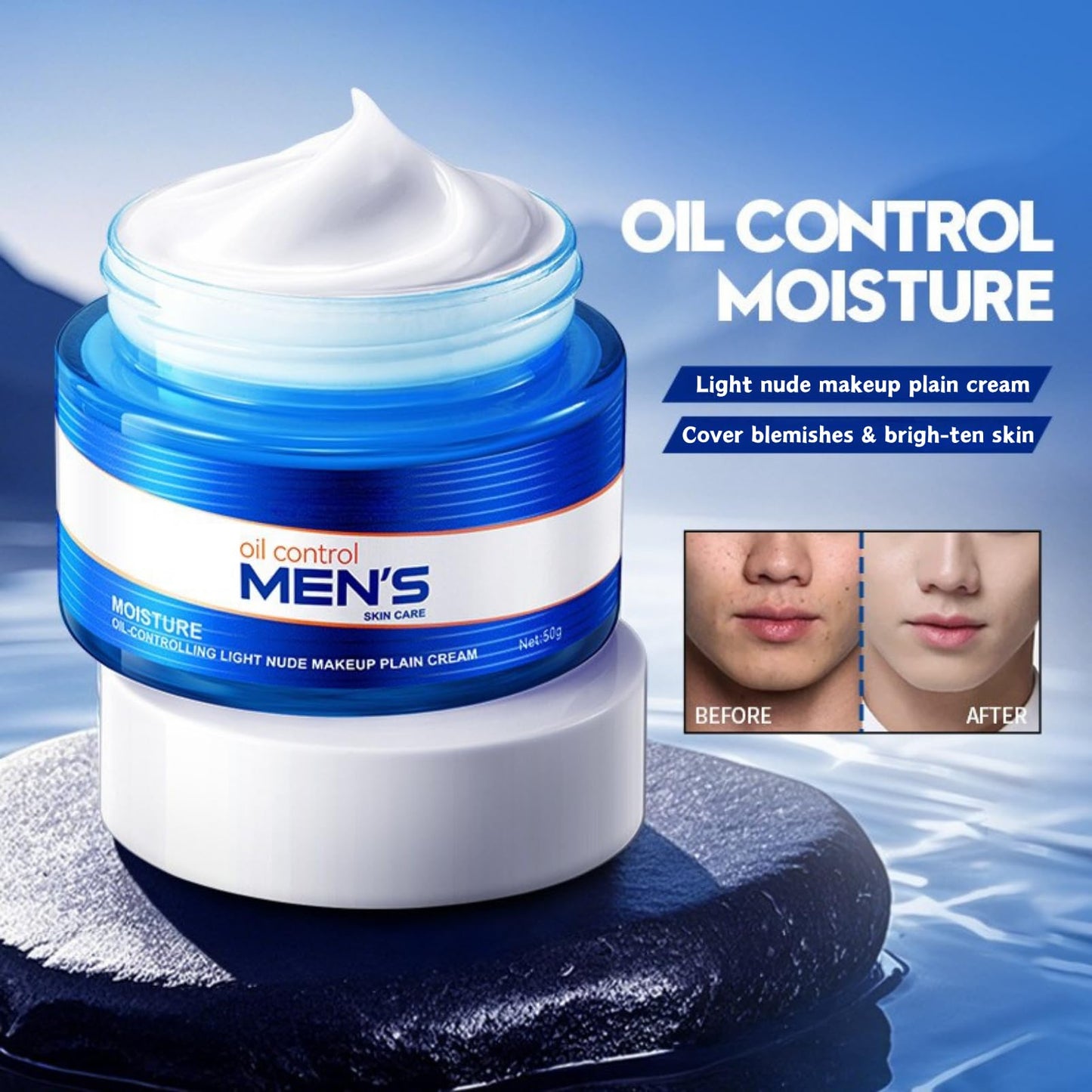 Oil Control Moisturiser for Men, Hydrating Face Cream for Men, Lightweight Makeup Plain Cream, Improve Dull Skin, Soften & Smooth Skin blemishes, Moisturiser for Oily Skin, Advanced Mens Skincare, 50g