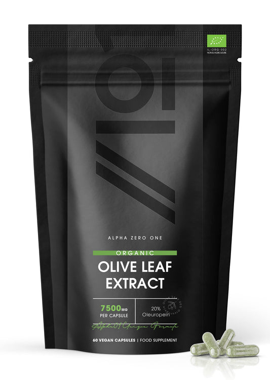 ALPHA01 Organic Olive Leaf Extract 7500mg | Wild European 20% Oleuropein (750mg 1:15 Extract) | No Additives | Non-GMO | Gluten Free | 60 Vegan Capsules