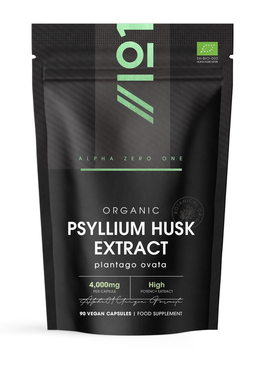 ALPHA01 Organic Psyllium Husk Extract 5000mg - Potent 10:1 Extract - Natural Prebiotic Fibre Supplement from Raw Plantago Ovata Seeds - 90 Vegan Capsules
