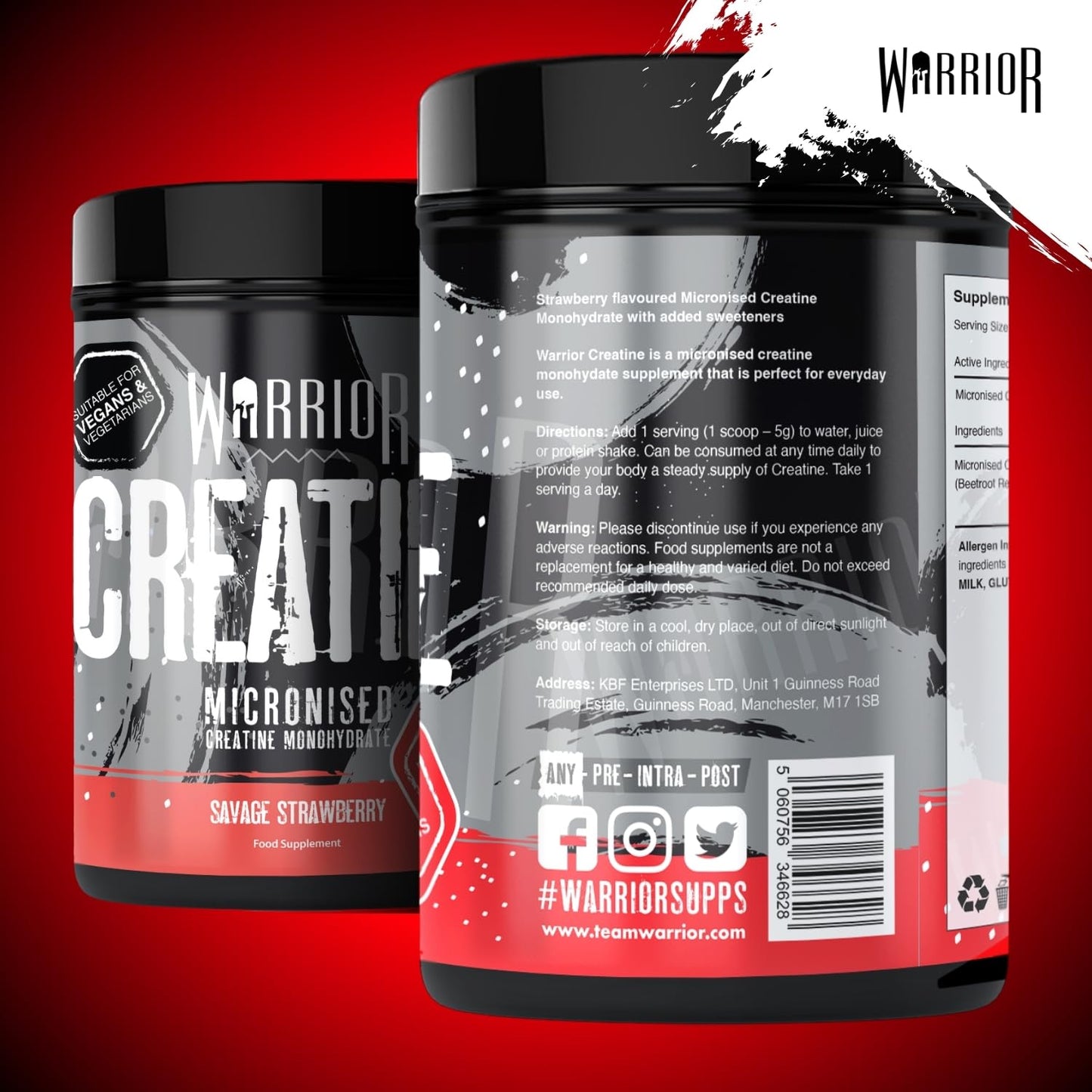Warrior Creatine Monohydrate Powder 500g – Micronised for Easy Mixing and Consumption – Proven to Improve Physical Performance/Recovery, 5g Servings (Savage Strawberry)