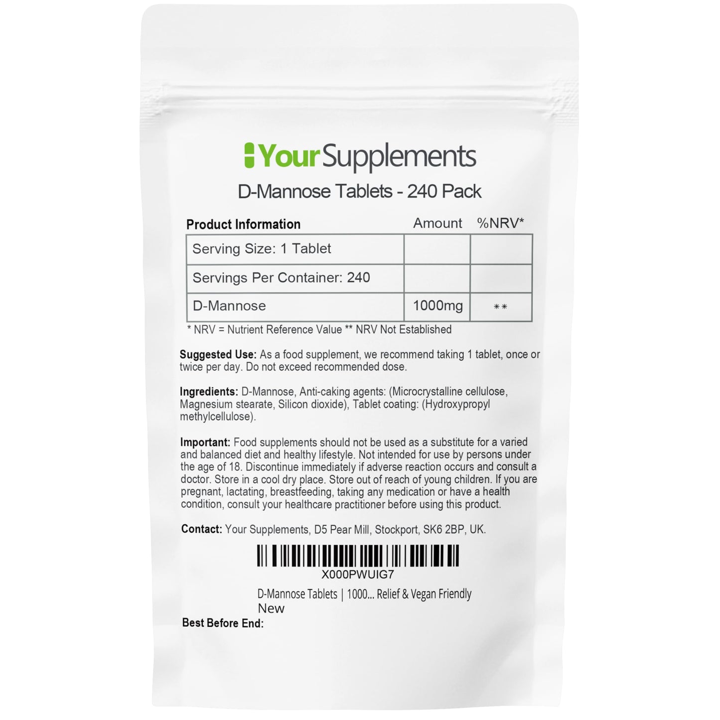 YourSupplements D-Mannose Tablets 1000mg | Easy Swallow Coated Tablets | 240 Pack | High Strength | Natural Relief & Vegan Friendly
