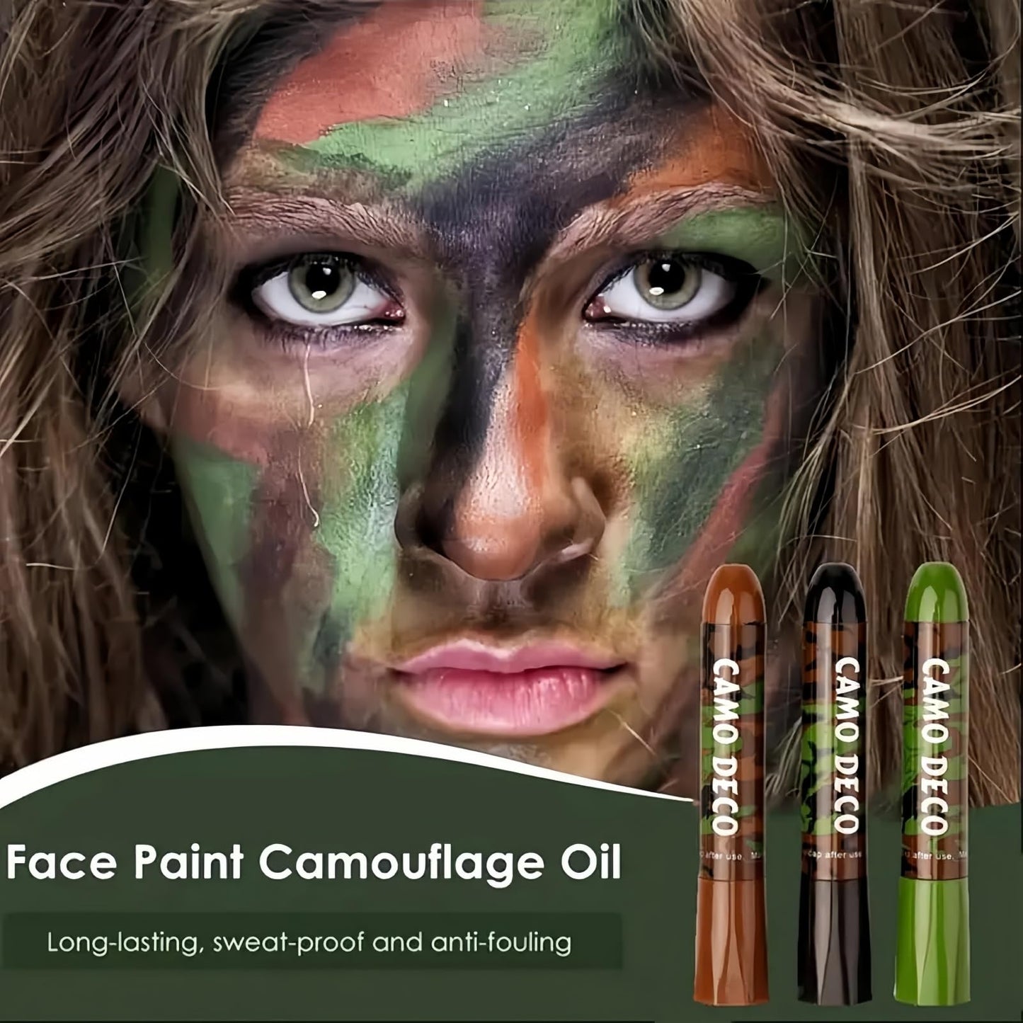 3 Color Camo Face Paint,Camo Face Paint Stick Set,3 Colors Eye Black Camo Face Paint,Waterproof&Sweat-Resistant Body and Eye Camouflage,Camouflage Hunting Face Paint Stick,Face Paint,Green Body Paint