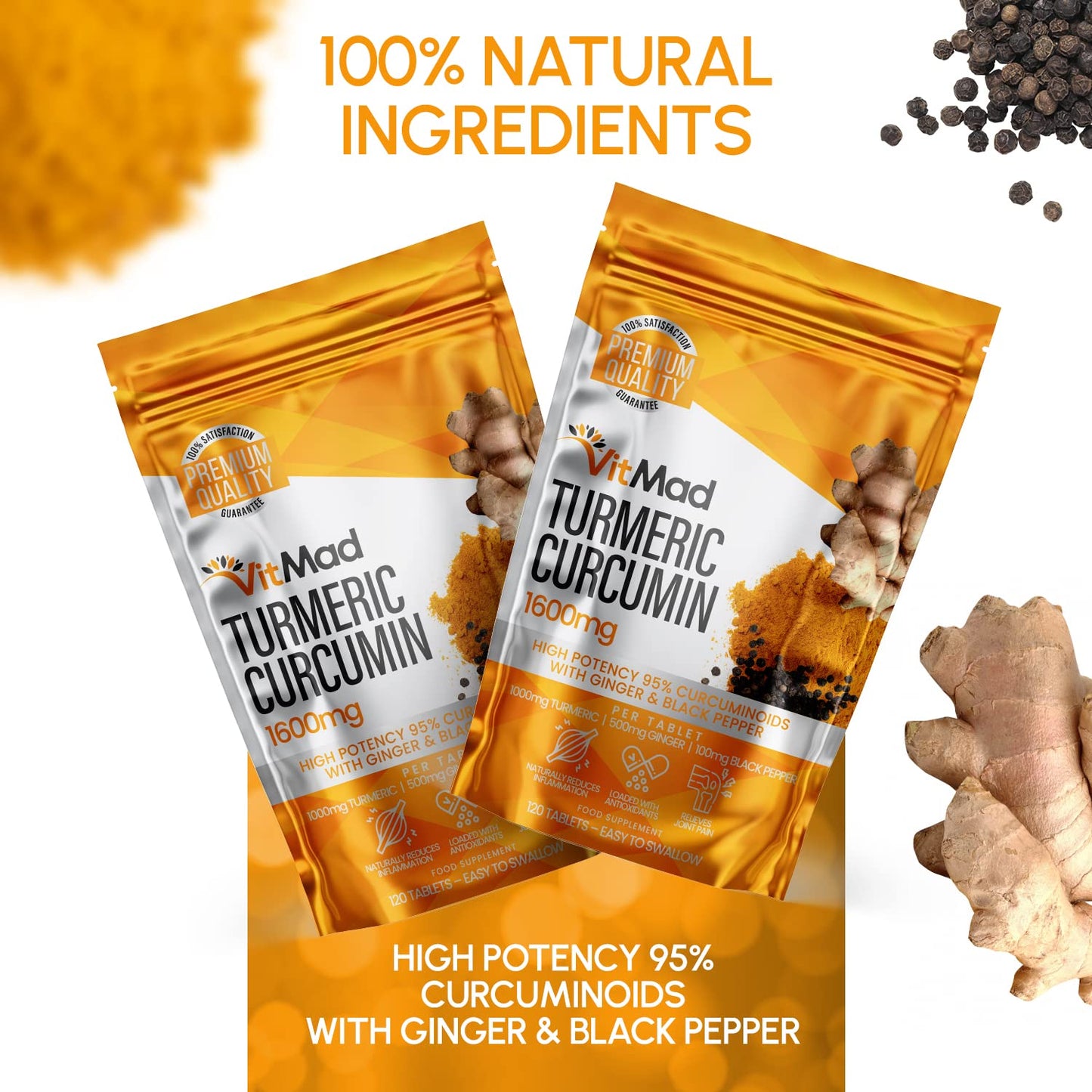 Turmeric Curcumin Ginger Black Pepper - 120 Tablets - 95% Curcuminoids - Naturally Reduces Inflammation
