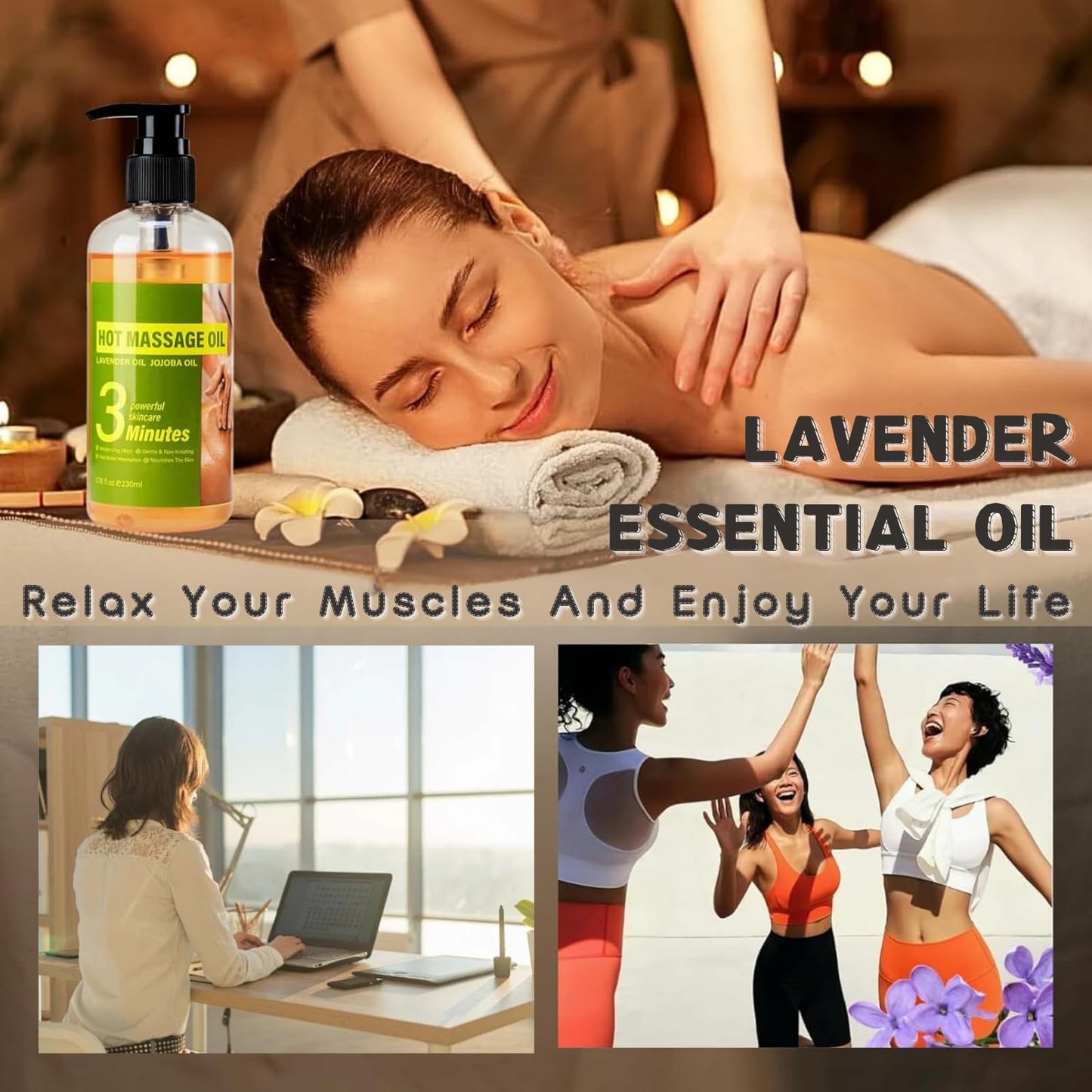 Massage Oil for Massage Therapy 230ml, Cellulite Massage Oil for Relaxing & Muscle Pain Relief - Lavender MassageOil for Skin with Caffeine Recovery, Cellulite Appearance Relaxation