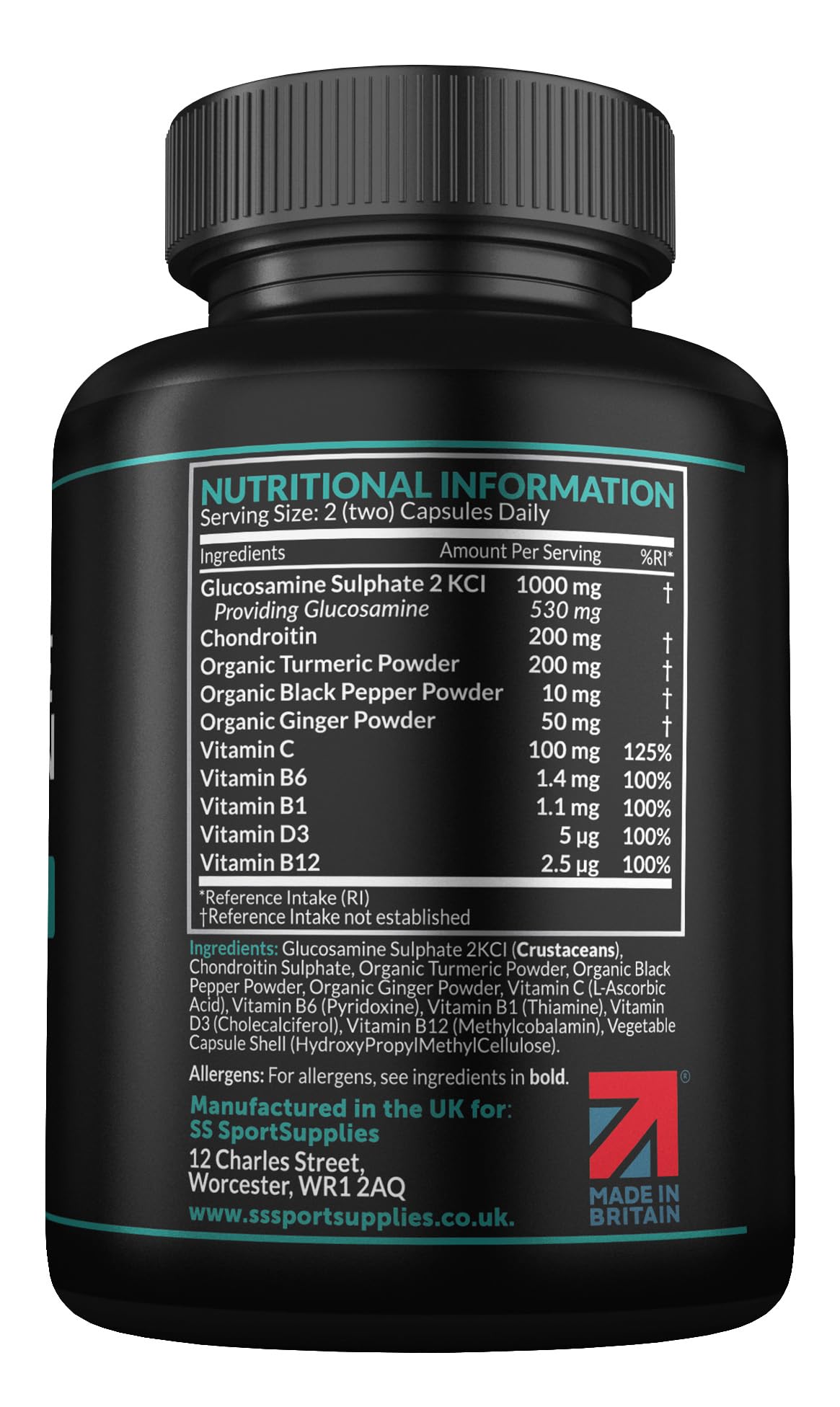 Glucosamine and Chondroitin High Strength Plus 5 Vitamins - 120 Complex Capsules 1,000mg (Providing 530mg Base) - Chondroitin 200mg - Added Turmeric, Ginger, Black Pepper, Vitamin C, B6, B1, D3 & B12