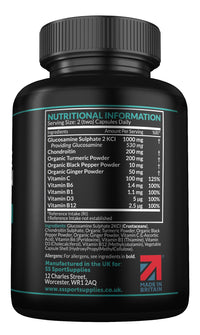Glucosamine and Chondroitin High Strength Plus 5 Vitamins - 120 Complex Capsules 1,000mg (Providing 530mg Base) - Chondroitin 200mg - Added Turmeric, Ginger, Black Pepper, Vitamin C, B6, B1, D3 & B12