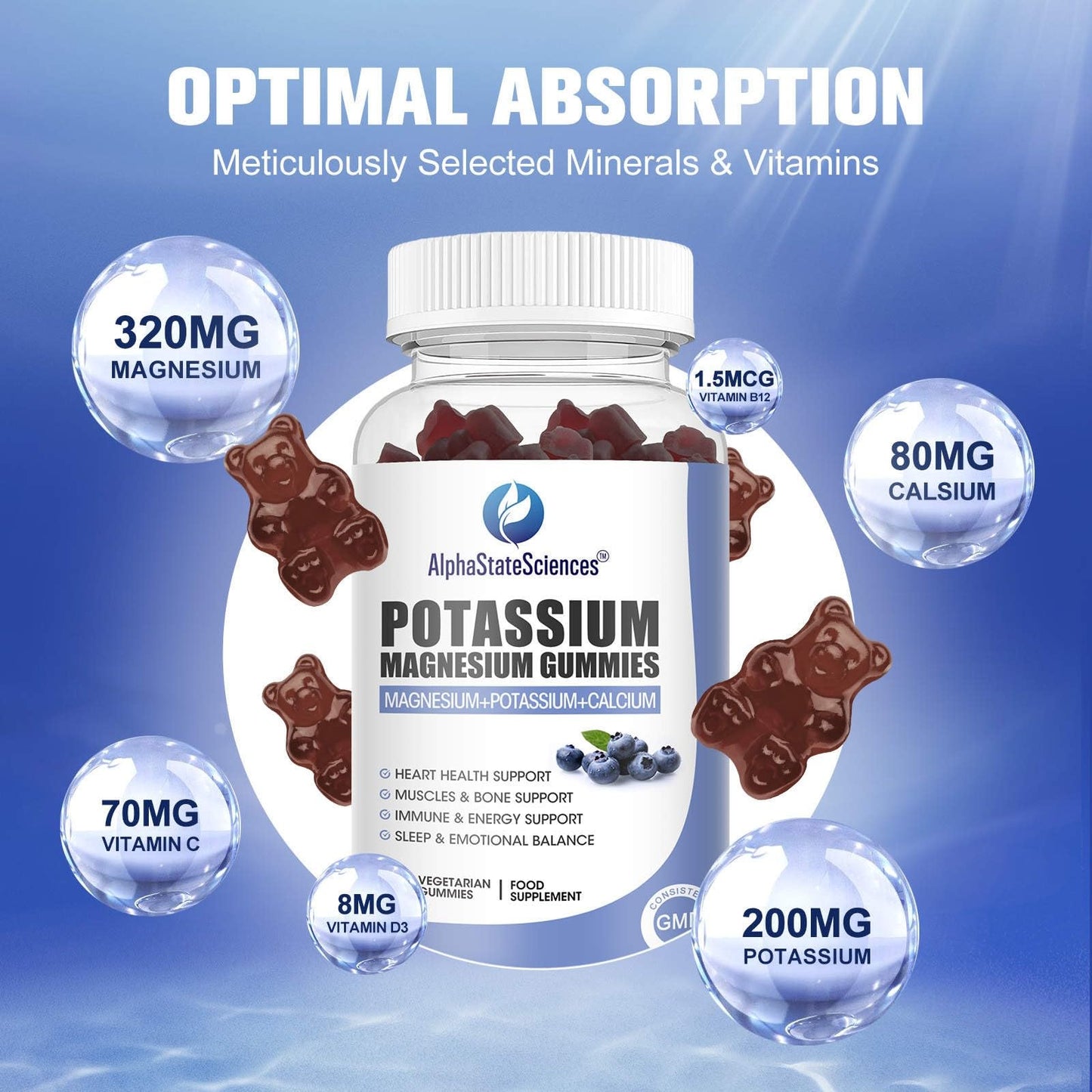 AlphaStateSciences Potassium Magnesium Gummies - Supports Muscle, Bone & Immune Health - 320mg Magnesium Glycinate, 200mg Potassium Citrate, 80mg Calcium Carbonate, 10mg Zinc, Vitamins B12, C, D3