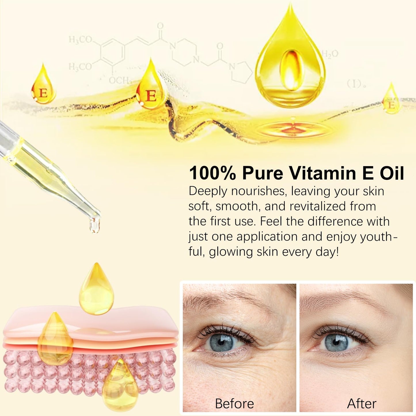100% Pure Vitamin E Oil for Skin, Hair & Face, Body Bath Oils Moisturizing Dry Skin, Easy to Absorb, Non-GMO & Vegan, 2Fl Oz
