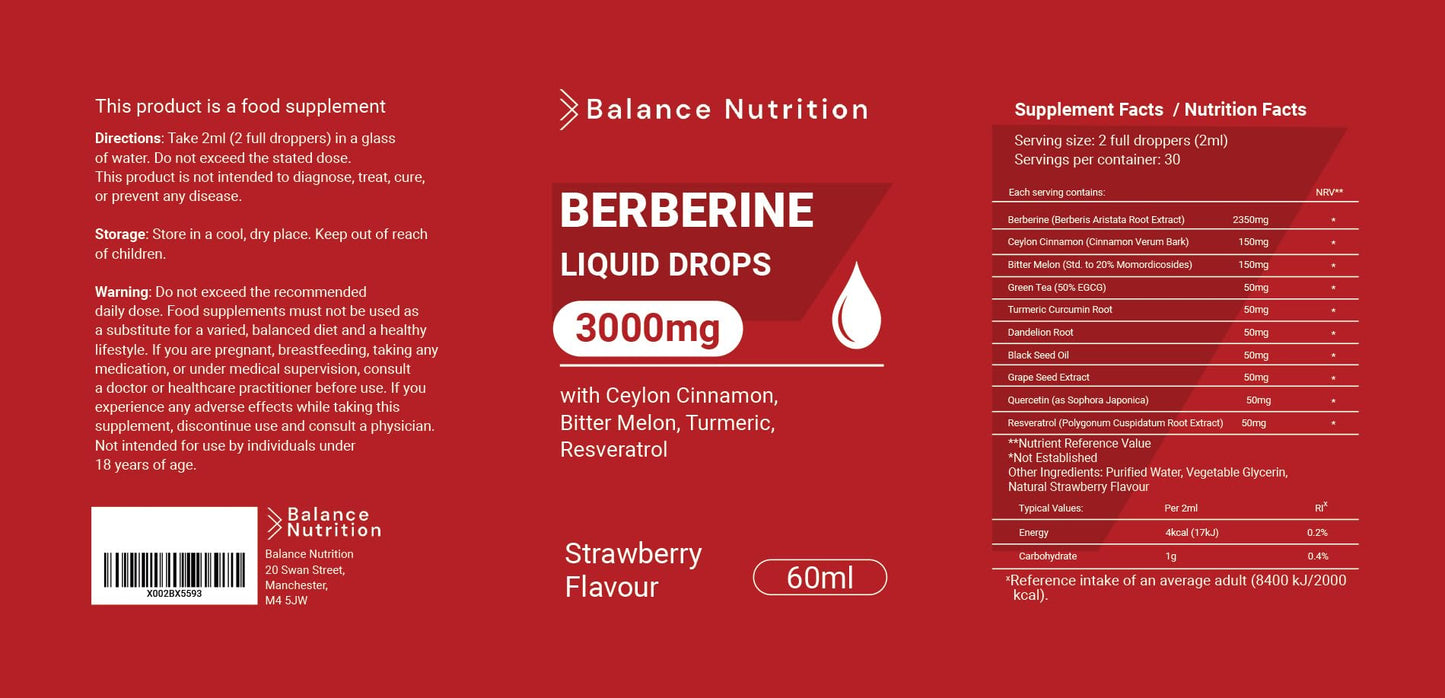 Berberine Liquid Drops 3000mg, High Strength Berberine Supplement, 60ml, Strawberry Flavour