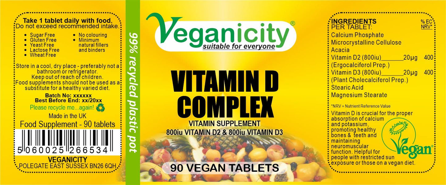 Veganicity Vitamin D 1600 Complex (40µg) : General Well-Being and Joint Health Supplement - 90 Tablets, in a Planet-Friendly 99% Recycled Pot