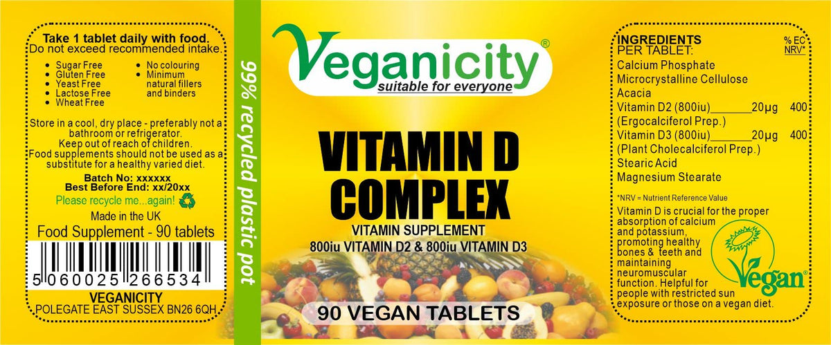 Veganicity Vitamin D 1600 Complex (40µg) : General Well-Being and Joint Health Supplement - 90 Tablets, in a Planet-Friendly 99% Recycled Pot