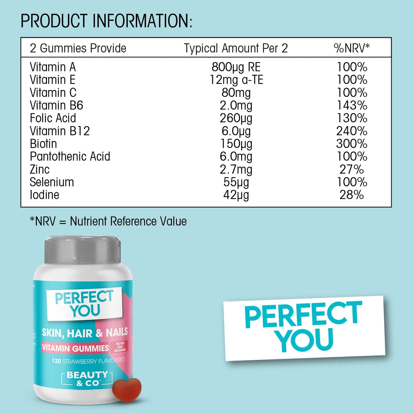 Perfect You Skin, Hair and Nails Gummies - with Biotin, Zinc & Selenium - Strawberry Flavoured Gummies (120 Count)
