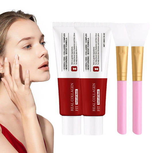 ExcellaElite 2 PCS Real Collagen Fit Mask, Collagen Night Mask Collagen Mask Collagen Wrapping Mask with 2 Mask Brushes Deep Hydration for Elasticity Moisturizing Glowing Glass Skin