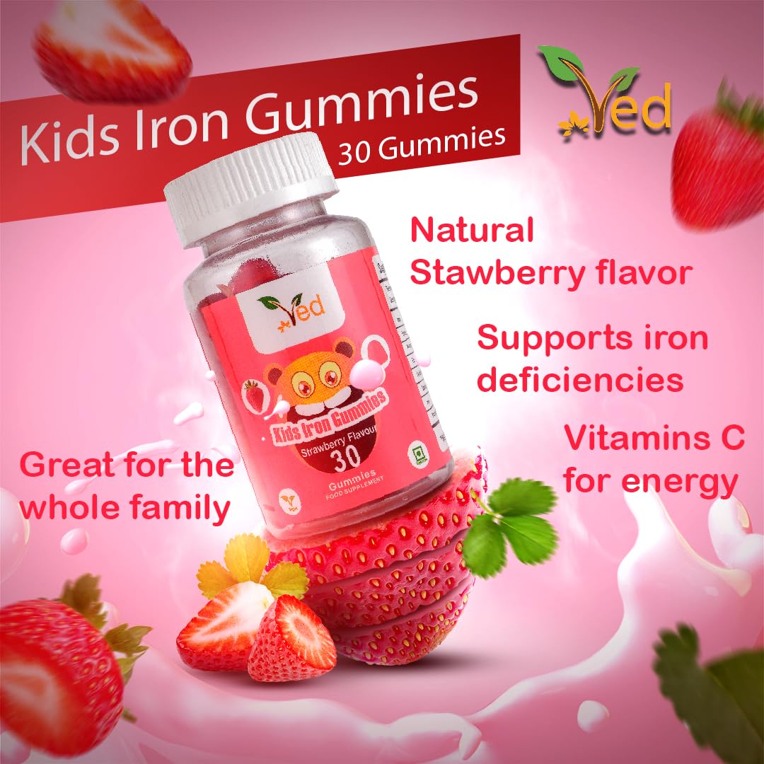 Ved Kids Iron Gummies for Iron Supplement, Energy & Immune System Strawberry Flavour-15 Days Supply, Vegan Iron for Kids - 30 Chewable Kids Vitamins Gummies (15 Days Supply)