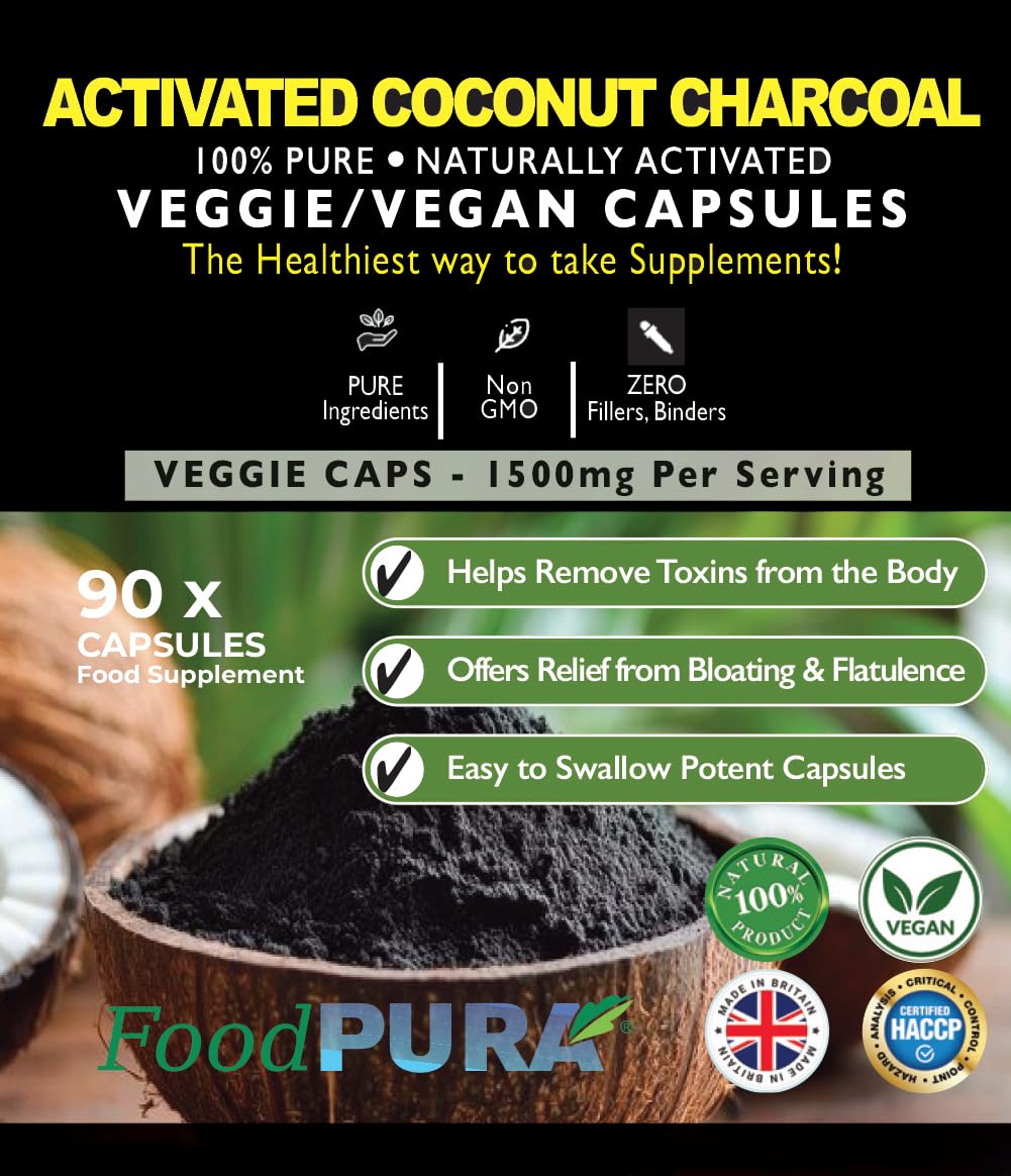 FoodPURA Coconut Activated Charcoal Capsules 1500mg x 90 100% Natural Vegan Digestive Supplement Reduces Bloating & Flatulence After Eating