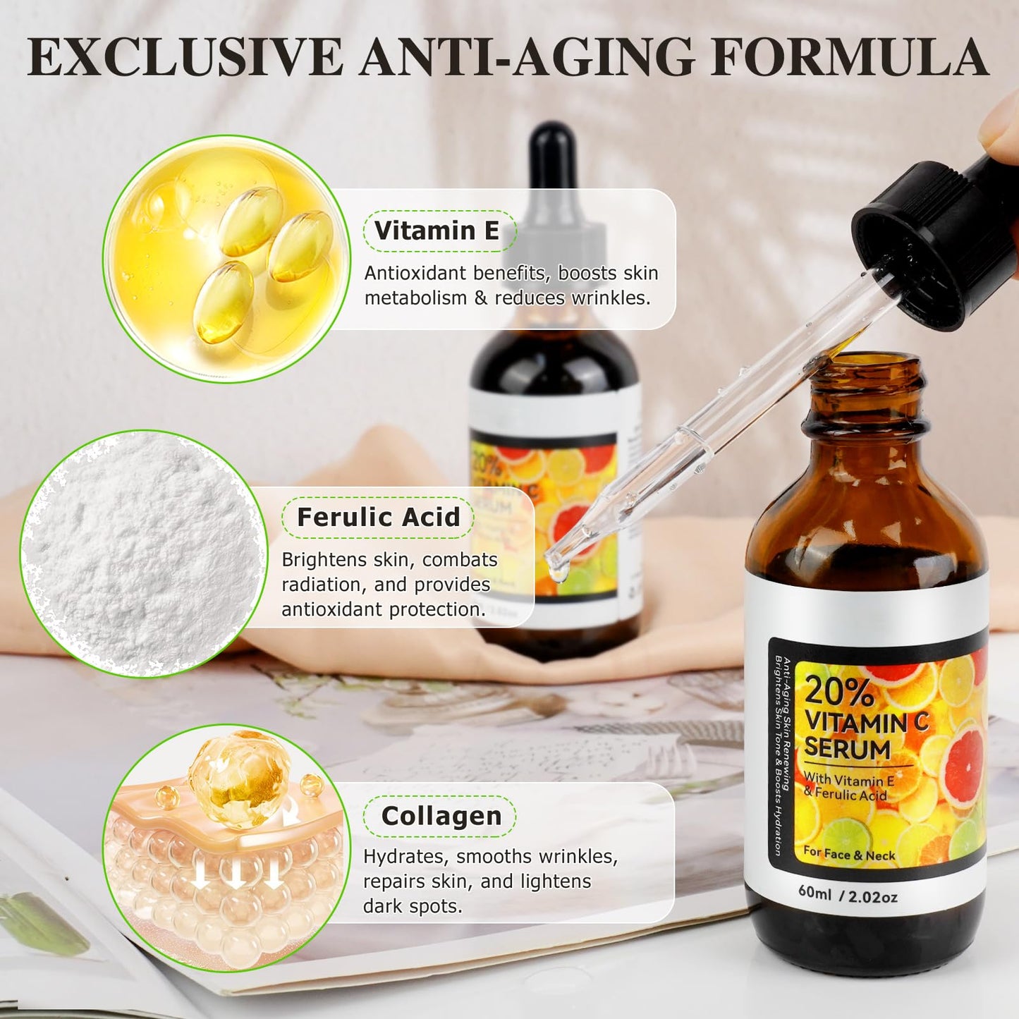Generic Vitamin C Serum for Face Hyaluronic Acid Powerful 20% Vit C Serum for Dark Spots, Wrinkles & Fine Lines Anti Aging, Collagen Boosting & Skin Brightening Facial Serum Skin Care Women/Men 60ml