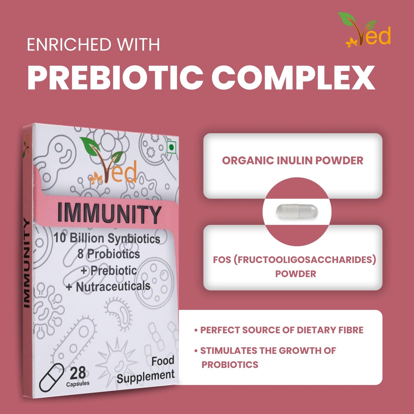 VED Immunity Complex Probiotics and Prebiotics Complex - 10 Billion CFU - 20 Live Bacterial Cultures - 28 Probiotic Complex Capsules for femaie & Male - Lactobacillus Plantarum 28 days Supply.