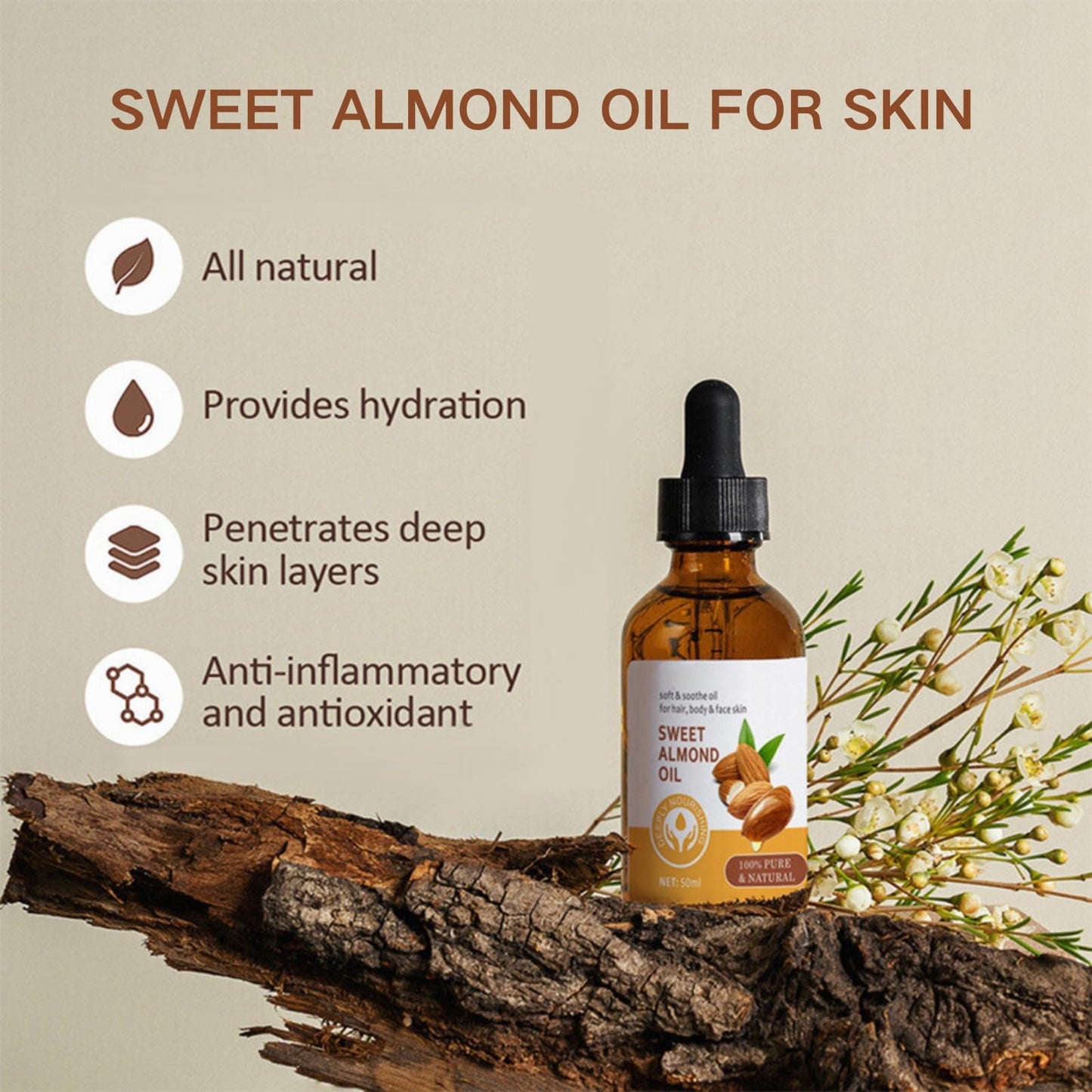 Trendyfave Sweet Almond Body Oil, Pure Almond Oil 100% Pure & Natural, Moisturising Facial Oil for Hair and Face Care, Almond Oil for Nourishes Skin, Hair & Nails, Body Massage Oil - Travel Size