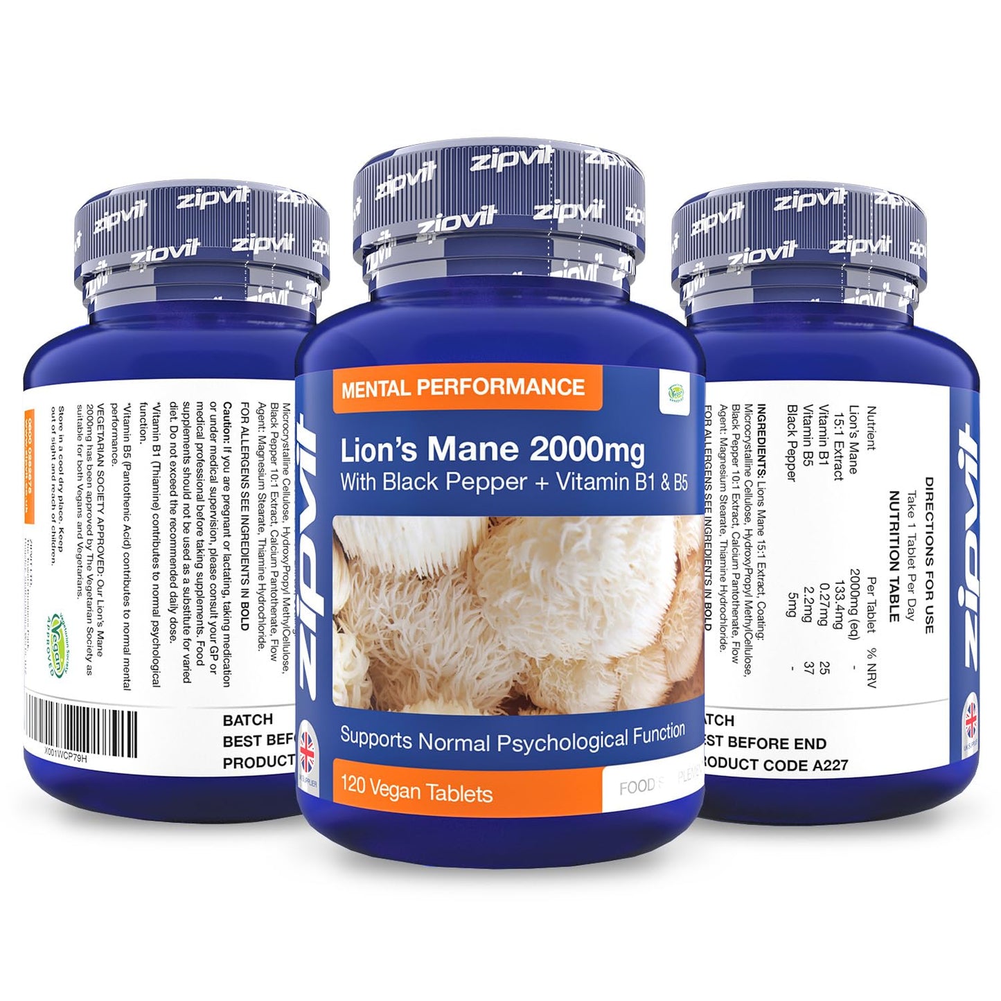 Lions Mane Mushroom Extract 2000mg, 120 Vegan Tablets with Black Pepper and Vitamins B1 & B5, Contributes to Psychological Function, Mental Performance and Reduces Tiredness and Fatigue.