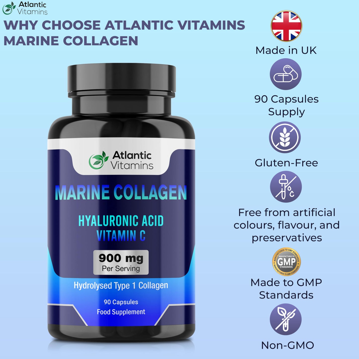 Marine Collagen 900 mg - High Strength 90 Capsules Collagen with Hyaluronic Acid and Vitamin C for Skin, Joints and Hair - Type 1 Hydrolyzed Collagen Supplements for Women & Men - Atlantic Vitamins