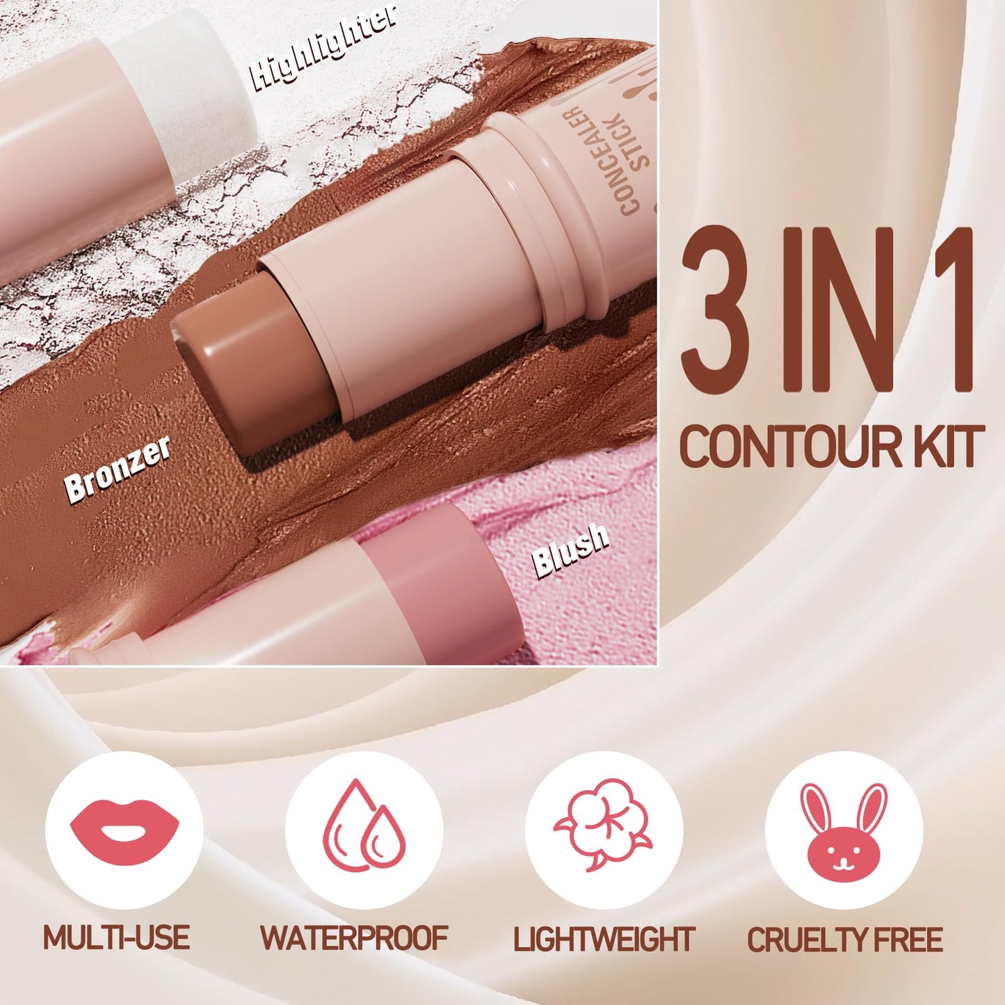 Ceboic 3Pcs Contour Highlighter Blush Stick, Bronzer Beauty Wand with Brush, Waterproof Long Lasting Cream Concealer for Sculpt the Cheeks, Lightweight Smooth Face Makeup Contouring Stick Set for All Skin