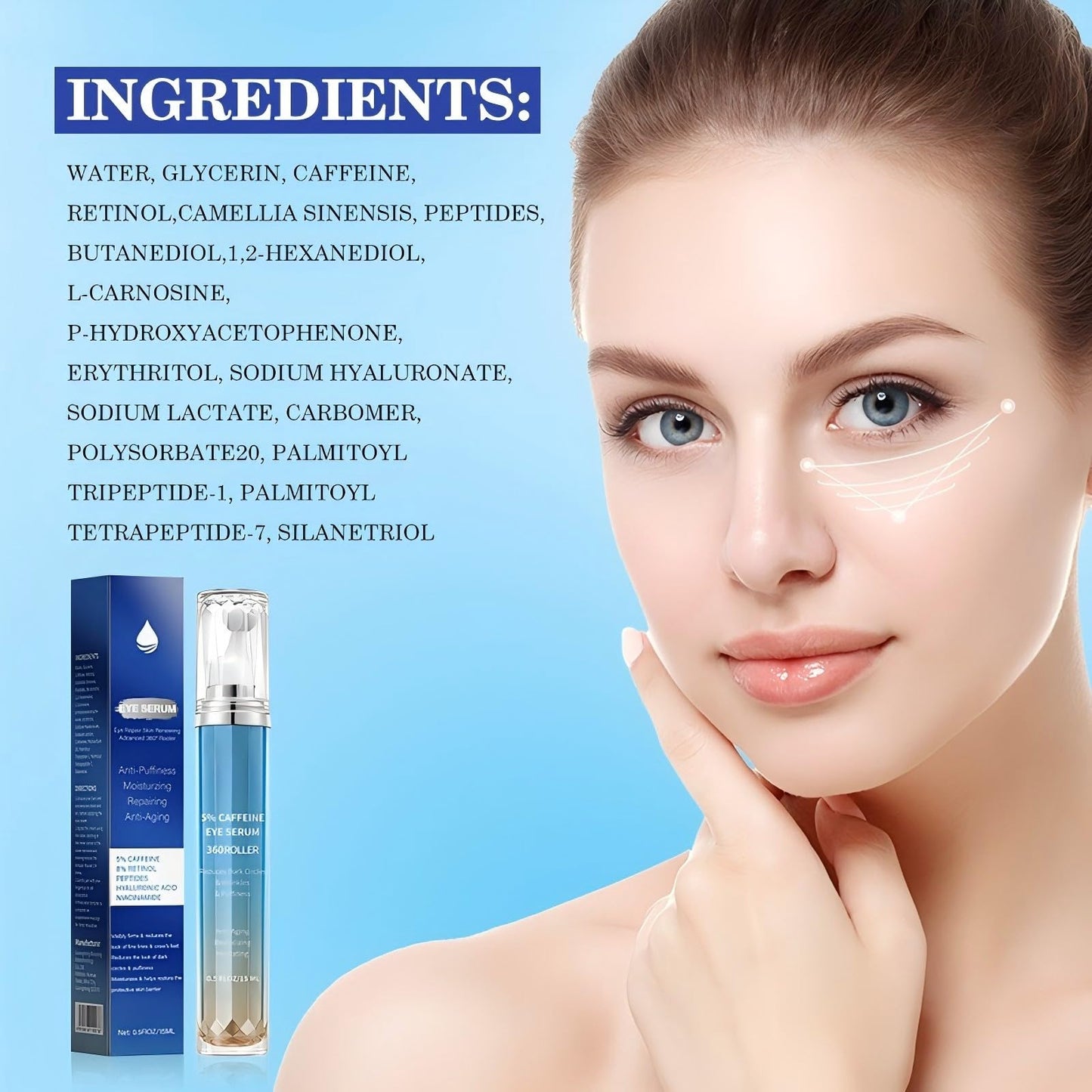 VRAIKO Eye Serum for Dark Circles and Puffiness, 5% Caffeine 8% Retinol Under Eye Cream with Build-In 3D Roller Applicator, Hyaluronic Acid Peptide for Hydration Fine lines Wrinkles, 0.5 fl oz