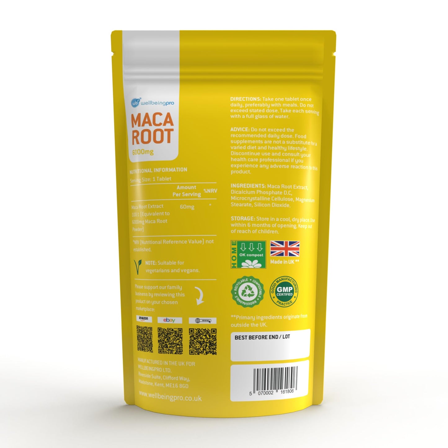 WBP Maca Root 6000mg Tablets (6 Month Supply) - Super Strength Unisex Vegan Herbal Extract - Eco & Letterbox-Friendly Compostable Packaging - Premium Quality Peruvian Maca Made in the UK - 180 Tablets