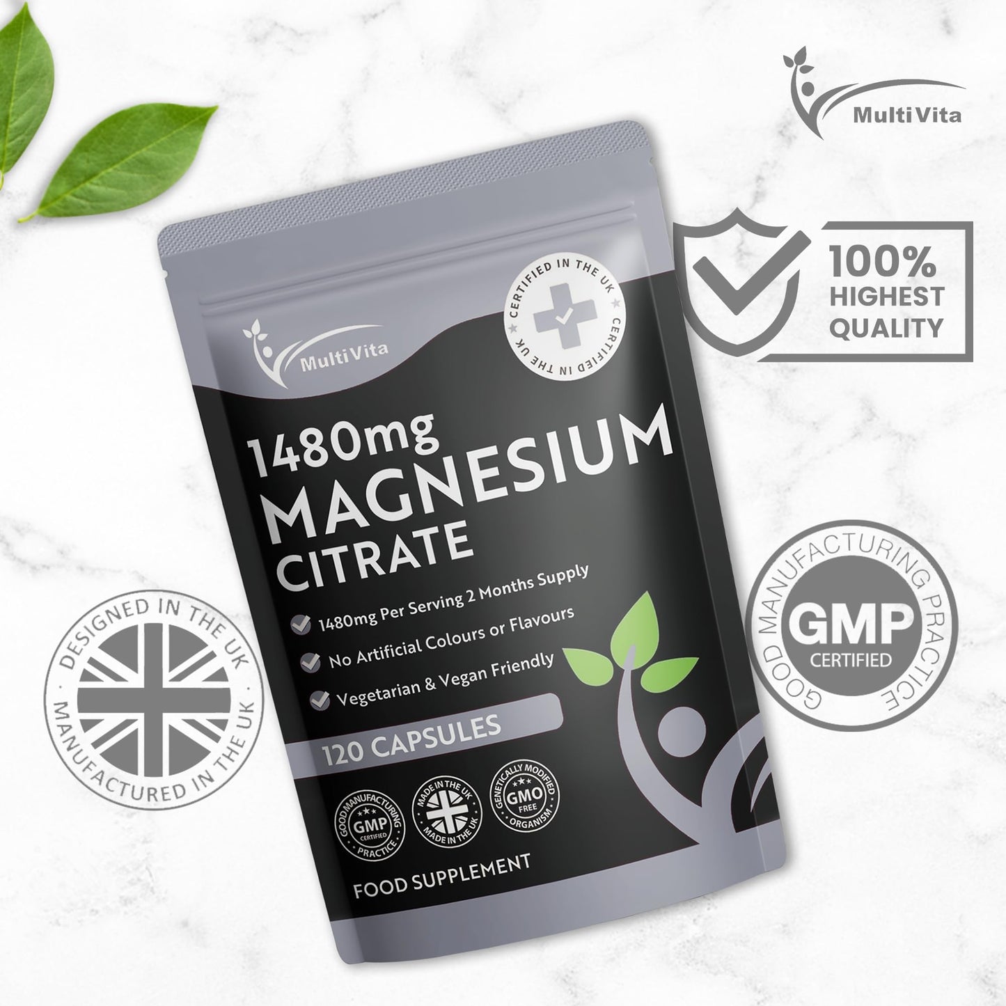 Multivita Magnesium Citrate 1,480mg 120 Vegan Capsules 2 Months Supply - Providing 440mg Elemental Magnesium Per Serving - Magnesium Capsules not Magnesium Tablets - High Strength Magnesium Supplement GMO Free