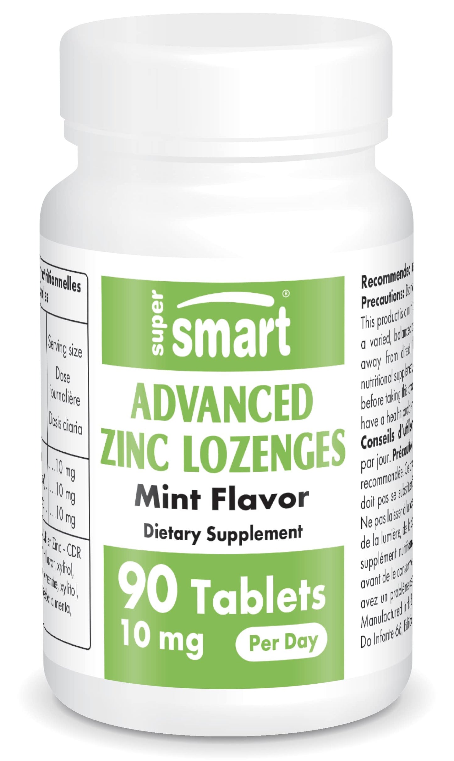 SUPERSMART Supersmart - Advanced Zinc Lozenges 10 mg Per Day - Mint Flavoring - Immune System Booster & Bone Health Supplement - Skin, Hair & Nail Vitamins | Gluten Free - 90 Lozenges